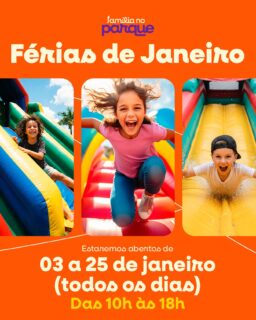 ‼️Férias de Janeiro Família no Parque ‼️

Venha visitar o Família no Parque durante as férias de janeiro em nosso novo espaço com muitas novidades dentro do Parque Villa Lobos.

🎯 Atrações para todas as idades
💰 Entrada gratuita 
👫 Para toda família 
🐶 Pet Friendly 
🏃🏻‍♂️‍➡️ Gincana
🍔 Praça de alimentação 
👏🏻 Pacotes para Aniversários 

Vai ter Hippo com Água (maior tobogã inflável da América Latina), bungee trampolim 🎪, tirolesa, infláveis gigantes 🦖, T-Rex, tobogã 🛝, parque de trampolins, labirinto mágico, futebol gigante ⚽️, área kids 👶🏾👶🏻👶🏼, pescaria 🐠, tiro ao alvo 🎯, 🚂 trenzinho e muito mais.

Programação ainda possui uma equipe de animadores com brincadeiras gratuitas ao longo de todo o dia.

🗓️ Datas: de 3 até 25 de janeiro (todos os dias)
⏰ das 10h às 18h
📍Parque Villa Lobos - Av. Prof. Fonseca Rodrigues, 2001 - Alto de Pinheiros, São Paulo - SP, 05461-010

‼️ Entrada GRATUITA‼️
💰Atrações a partir de R$ 10,00
❤️Vip Pass: R$ 150 por pessoa

💳 Ativação do cartão de consumo R$5,00 (após utilizar pode trocar por R$5,00 ou por 1 água).
É possível baixar o APP da Zig, comprar por lá e entrar nas atrações com o celular.