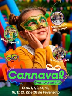 ‼️ Carnaval no Família no Parque ‼️

Venha aproveitar o Mês de Carnaval.
👼🏻 Bloquinho Infantil
🥁 Banda ao Vivo
👯‍♂️ Competição de Dança 
🎭 Desfile de Fantasias
🔥 Brincadeiras temáticas 

Além das brincadeiras com os animadores do Família no Parque em ambiente temático, ao som de marchinhas de Carnaval, a atração dispõe de uma série de opções de lazer ao ar livre. São 10 mil metros quadrados compostos por infláveis gigantes, tirolesa, bungee trampolim, tobogãs, futebol de sabão, cama elástica e muito mais.

Programação gratuita
11h – Bloco Infantil
12h – Competição de Dança
13h – Desfile de Fantasia
14h –  Bloco Infantil
15h – Competição de Dança
16h – Bloco Infantil
17h – Competição de Dança

🗓️Carnaval: dias 1, 7,8, 14,15,16,17, 21,22, 28 de fevereiro 
⏰ das 10h às 18h
📍Parque Villa Lobos - Av. Prof. Fonseca Rodrigues, 2001 - Alto de Pinheiros, São Paulo - SP, 05461-010
