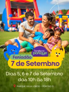 ‼️ FERIADÃO de SETEMBRO no Família no Parque ‼️

Venha curtir o feriadão de 7 de setembro no Família no Parque, dentro do Parque Villa Lobos.

🗓️ Datas : 5,6,7 de setembro das 10h às 18h 

🎯 Atrações para todas as idades
💰 Entrada gratuita 
👫 Para toda família 
🐶 Pet Friendly 
🏃🏻‍♂️‍➡️ Gincana
🍔 Praça de alimentação 
👏🏻 Pacotes para Aniversários 

Possui atrações incríveis como o Hippo (maior inflável da América Latina), bungee trampolim 🎪, tirolesa, infláveis gigantes 🦖, T-Rex, tobogã 🛝, parque de trampolins, futebol gigante ⚽️, área kids 👶🏾👶🏻👶🏼, pescaria 🐠, tiro ao alvo 🎯, 🚂 trenzinho e muito mais.

Programação ainda possui uma equipe de animadores com brincadeiras gratuitas ao longo de todo o dia.

Como a entrada é gratuita você não precisa pagar para entrar no parque, paga somente as atrações!

🗓️ Datas: 5,6,7, 12,13, 19,20, 26,27 de setembro 
⏰ das 10h às 18h
📍Parque Villa Lobos - Av. Prof. Fonseca Rodrigues, 2001 - Alto de Pinheiros, São Paulo - SP, 05461-010

‼️ Entrada GRATUITA‼️
💰Atrações a partir de R$ 10,00
❤️Vip Pass: R$ 150 por pessoa

💳 Ativação do cartão de consumo R$5,00 (após utilizar pode trocar por R$5,00 ou por 1 água).