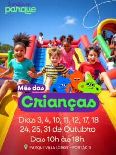 ‼️ OUTUBRO no Família no Parque ‼️

O Família no Parque é um espaço ao ar livre para a família inteira em uma área de 10 mil metros quadrados dentro do Parque Villa Lobos.

🎯 Atrações para todas as idades
💰 Entrada gratuita 
👫 Para toda família 
🐶 Pet Friendly 
🏃🏻‍♂️‍➡️ Gincana
🍔 Praça de alimentação 
👏🏻 Pacotes para Aniversários 

Possui atrações incríveis como o Hippo (maior inflável da América Latina), bungee trampolim 🎪, tirolesa, infláveis gigantes 🦖, T-Rex, tobogã 🛝, parque de trampolins, futebol gigante ⚽️, área kids 👶🏾👶🏻👶🏼, pescaria 🐠, tiro ao alvo 🎯, 🚂 trenzinho e muito mais.

Programação ainda possui uma equipe de animadores com brincadeiras gratuitas ao longo de todo o dia.

Como a entrada é gratuita você não precisa pagar para entrar no parque, paga somente as atrações!

🗓️ Datas: 3,4, 10,11,12, 17,18, 24,25, 31 de outubro 
⏰ das 10h às 18h
📍Parque Villa Lobos - Av. Prof. Fonseca Rodrigues, 2001 - Alto de Pinheiros, São Paulo - SP, 05461-010

‼️ Entrada GRATUITA‼️
💰Atrações a partir de R$ 10,00
❤️Vip Pass: R$ 150 por pessoa

💳 Ativação do cartão de consumo R$5,00 (após utilizar pode trocar por R$5,00 ou por 1 água).
