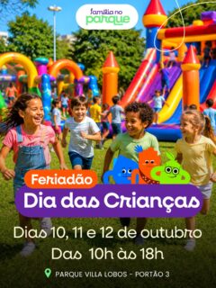‼️ DIA DAS CRIANÇAS no Família no Parque ‼️

Feriadão - 10,11,12 de outubro das 10h às 18h no Parque Villa Lobos.

🎯 Atrações para todas as idades
💰 Entrada gratuita 
👫 Para toda família 
🐶 Pet Friendly 
🏃🏻‍♂️‍➡️ Gincana
🍔 Praça de alimentação 
👏🏻 Pacotes para Aniversários 

Possui atrações incríveis como o Hippo (maior inflável da América Latina), bungee trampolim 🎪, tirolesa, infláveis gigantes 🦖, T-Rex, tobogã 🛝, parque de trampolins, futebol gigante ⚽️, área kids 👶🏾👶🏻👶🏼, pescaria 🐠, tiro ao alvo 🎯, 🚂 trenzinho e muito mais.

Programação ainda possui uma equipe de animadores com brincadeiras gratuitas ao longo de todo o dia.

Como a entrada é gratuita você não precisa pagar para entrar no parque, paga somente as atrações!

🗓️ Datas: 3,4, 10,11,12, 17,18, 24,25, 31 de outubro 
⏰ das 10h às 18h
📍Parque Villa Lobos - Av. Prof. Fonseca Rodrigues, 2001 - Alto de Pinheiros, São Paulo - SP, 05461-010

‼️ Entrada GRATUITA‼️
💰Atrações a partir de R$ 10,00
❤️Vip Pass: R$ 150 por pessoa

💳 Ativação do cartão de consumo R$5,00 (após utilizar pode trocar por R$5,00 ou por 1 água).